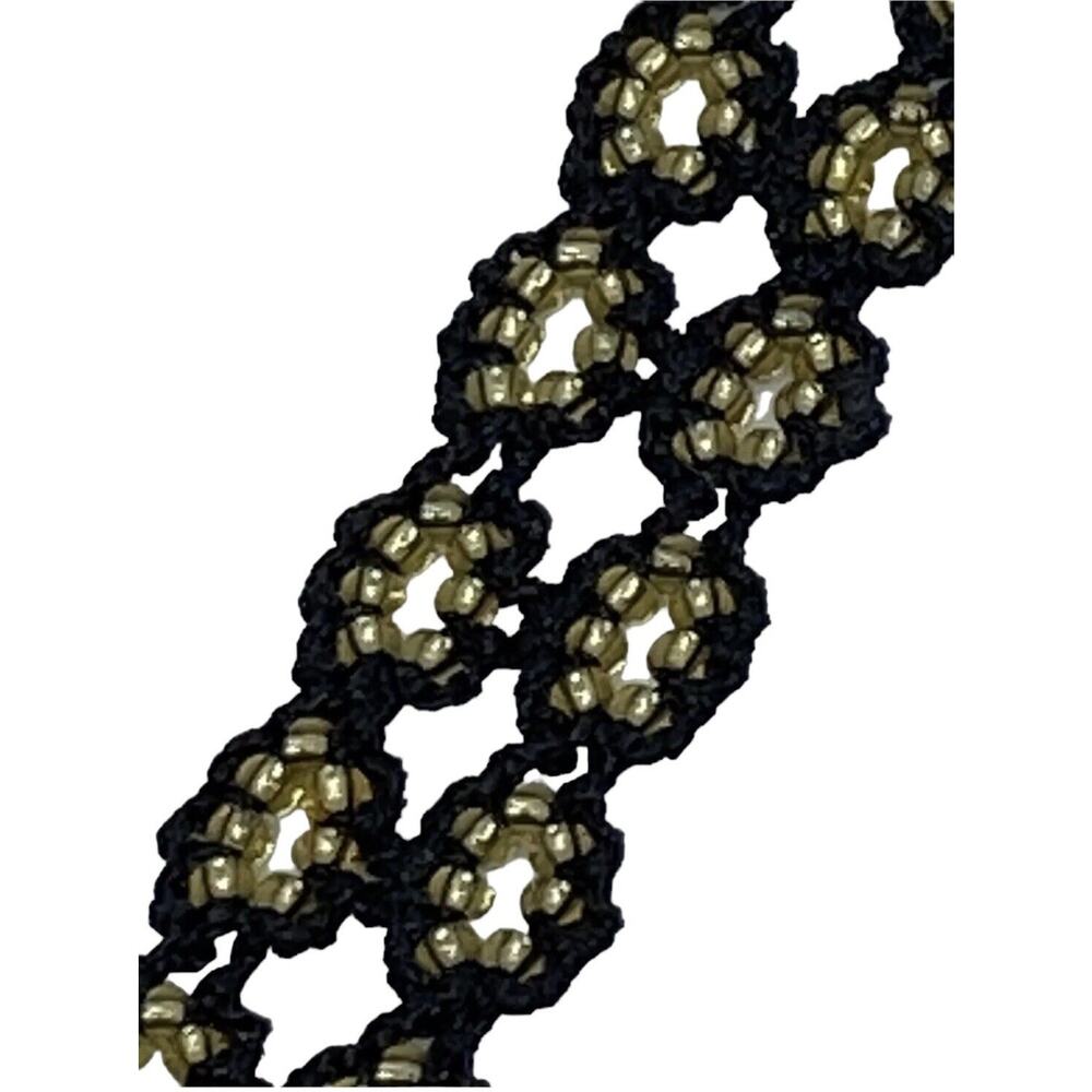 Turkish Artisan Fashion Flat Crochet 7” Bracelet Black Cord Gold Round Beads - Picture 4 of 11
